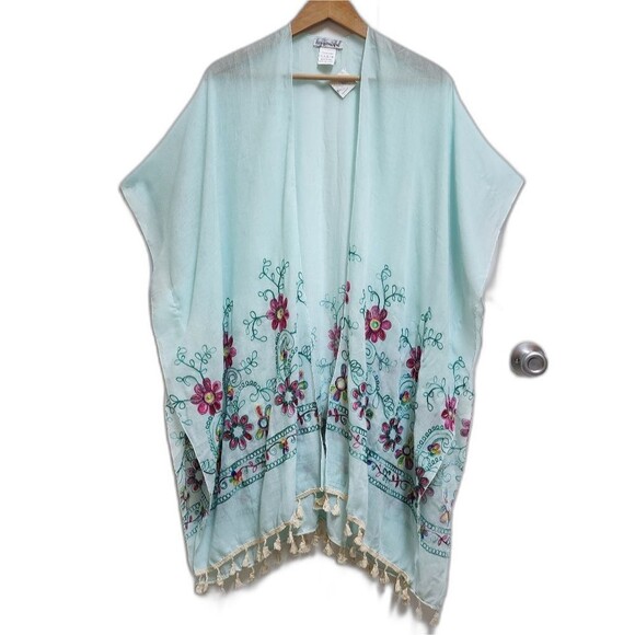 Hey Beautiful Kimono Women OS Multicolor Floral Embroidered Sheer Tassels Boho - Picture 1 of 10